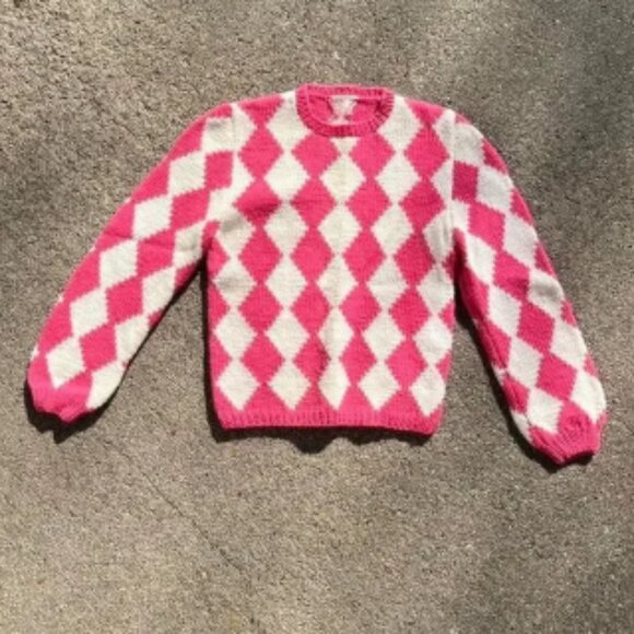 Deadstock 70s Vintage Pink Wool Diamond Print Puff Sleeve Sweater XS S Women’s - Picture 1 of 4